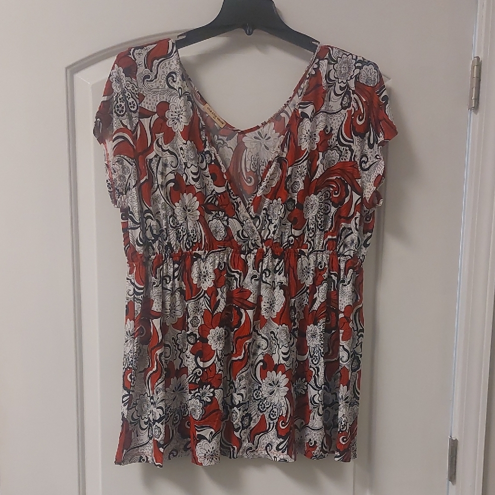 Cha Cha Vente Red Black White Floral Crossover Empire Waist Blouse Plus Sz 2X